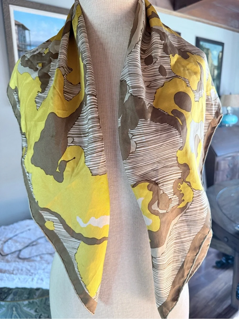 Vintage Christian Dior Yellow & Taupe Silk Scarf
